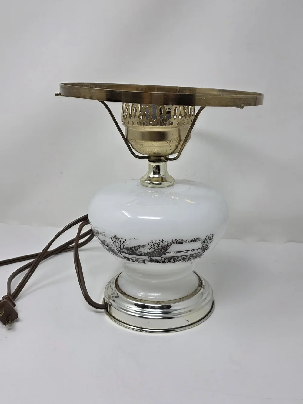 Vintage White Milk Glass Table Lamp Base with brass Frame - For Parts 10